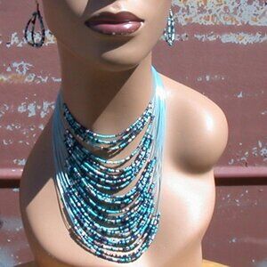 BLUE Bohemian Seed Bead Necklace & Earrings Set Fashion Jewelry Set